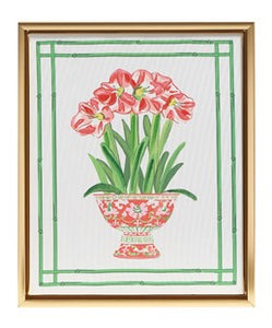 Amaryllis in Chinoiserie Framed Canvas, Red