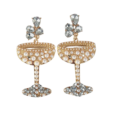 Bejeweled Rhinestone Pearl Coupe Glass Cocktail Statement Earrings