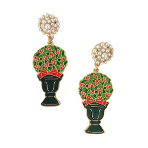 Christmas Holly Topiary Enamel Statement Earrings