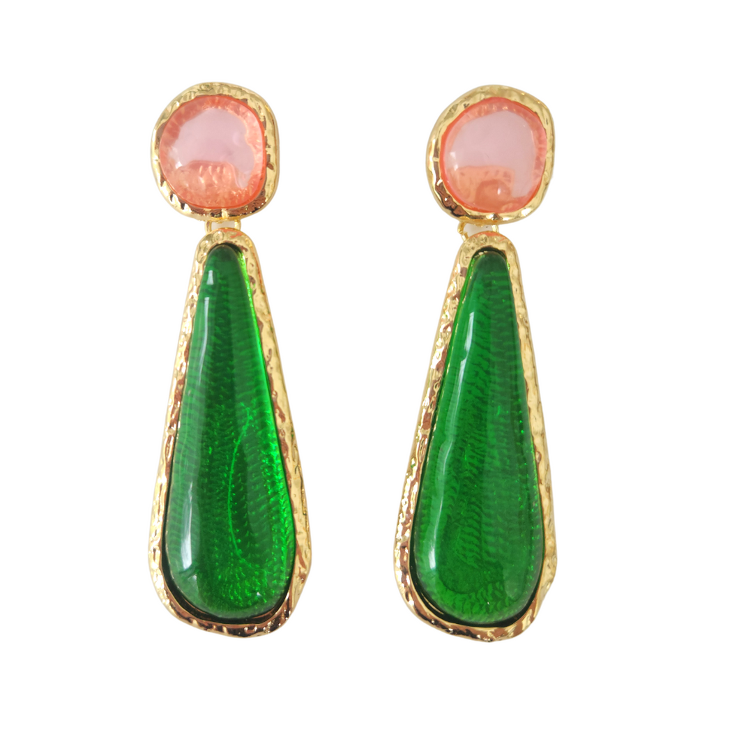 Pink and Green Acrylic Beaded Drop Statement Earrings