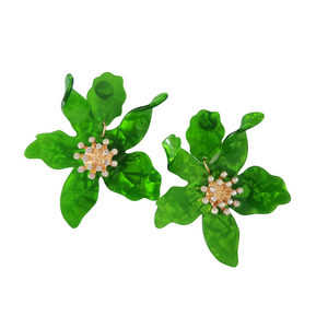 Green Acrylic Resin Flower Statement Earrings