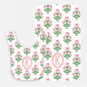 Mughal Blooms Personalized Bib & Burp Cloth Gift Set, Pink