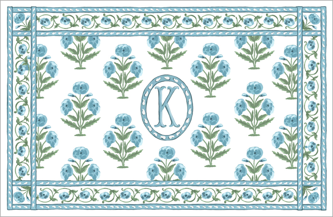 Mughal Blooms Personalized Paper Tear-away Placemat Pad, Blue