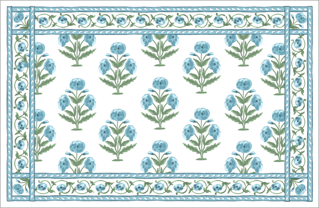 Mughal Blooms Paper Tear-away Placemat Pad, Blue