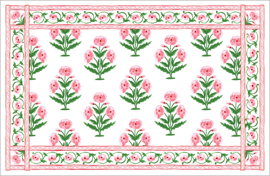 Mughal Blooms Paper Tear-away Placemat Pad, Pink