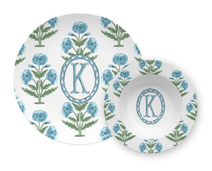 Mughal Blooms Personalized Melamine Plate & Bowl Set, Blue