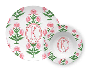 Mughal Blooms Personalized Melamine Plate & Bowl Set, Pink