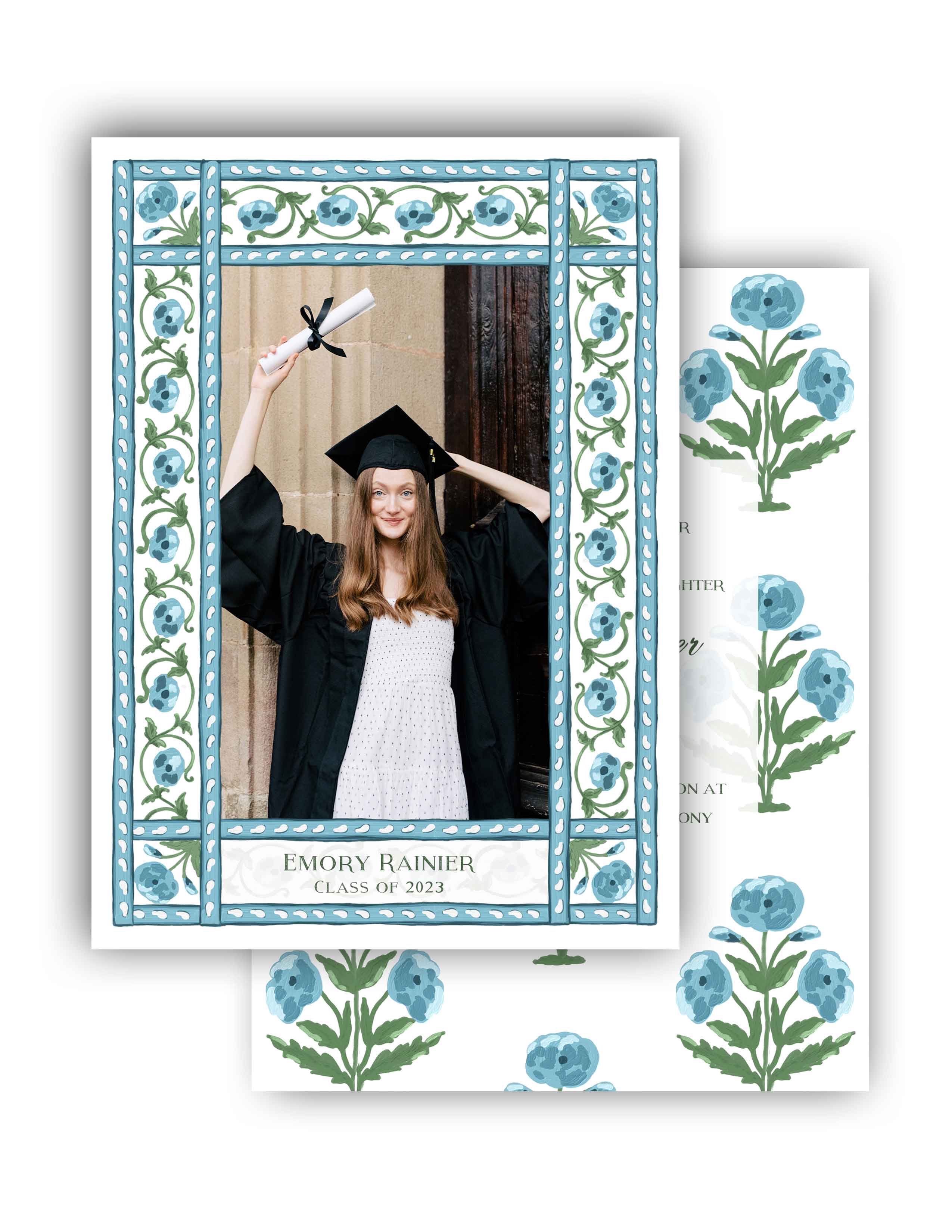 Mughal Blooms Graduation Announcement, Blue – Taylor Beach Design, image size:2550x3300