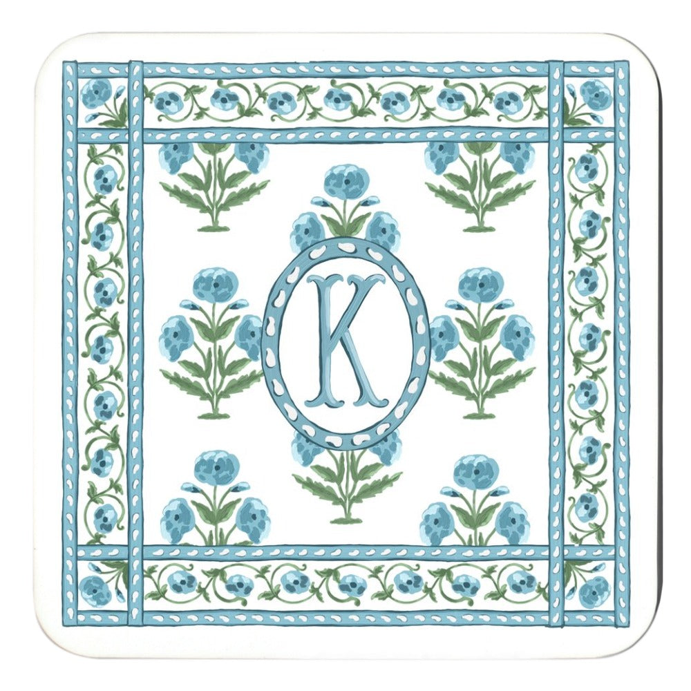 Mughal Blooms Personalized Cork Backed Coasters - Set of 4, Blue