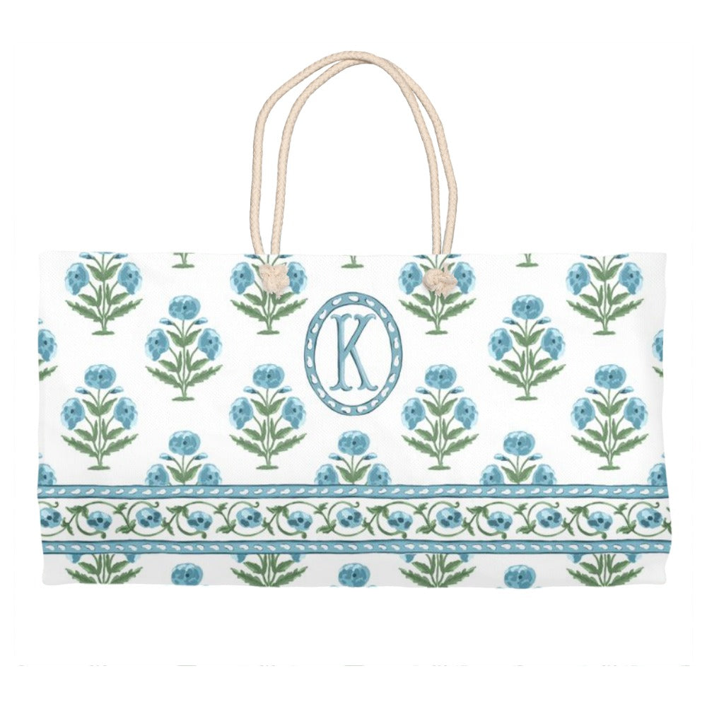 Mughal Blooms Personalized Tote Bag, Blue