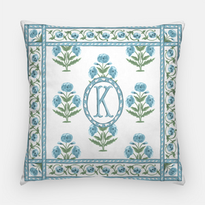 Mughal Blooms Monogram 20"x20" Pillow Cover, Blue