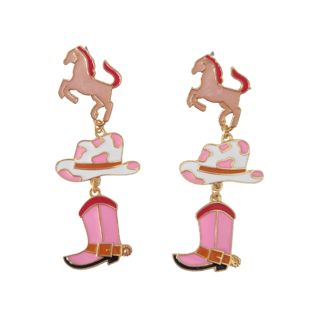 Pink Cowboy Hat Horse Enamel Statement Earrings