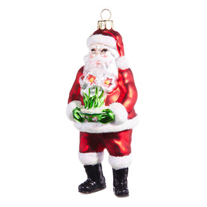 Santa with Amaryllis Glass Ornament