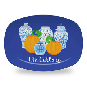 Spooky Chinoiserie Personalized Halloween Melamine Platter, Blue