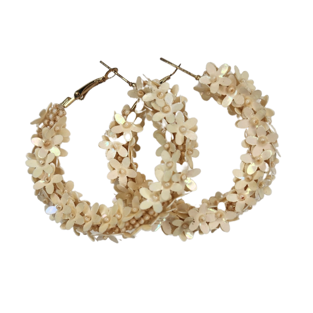 Ivory Floral Statement Hoop Earrings