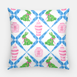 Boxwood Bunnies Chinoiserie Easter 20"x20" Pillow Cover, Blue
