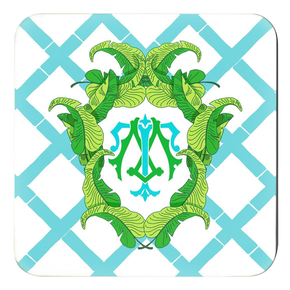 Turquoise Banana Leaf Crest Cork Backed Coasters - Set of 4