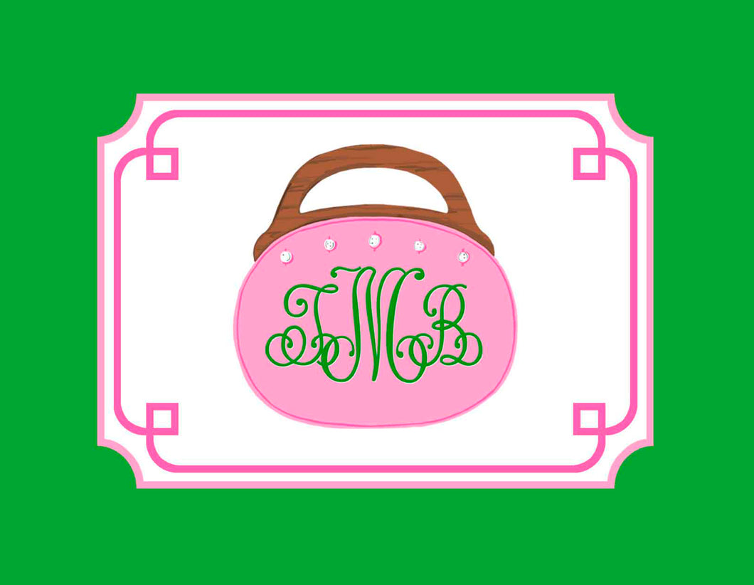 Bermuda Bag Personalized Folded Note Cards, Pink & Green