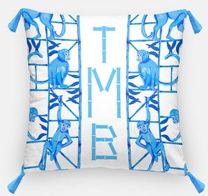 Monkey Trapeze Trellis, Azure, Personalized Pillow, 18"x18" or 20"x20"
