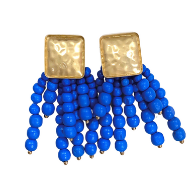 Blue Wooden Bead Statement Earrings