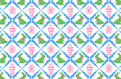 Boxwood Bunnies Chinoiserie Easter Paper Tear-away Placemat Pad, Blue