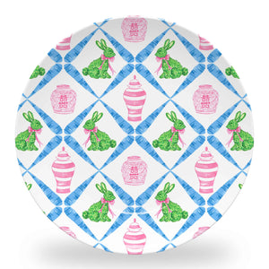 *IN STOCK* Boxwood Bunnies Set of (4) 10" Dia. Easter Melamine Plates, Blue