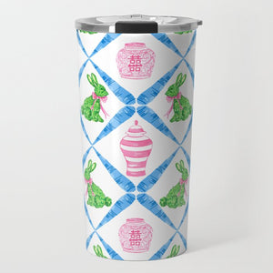 Boxwood Bunnies Chinoiserie Easter Travel Tumbler, Blue
