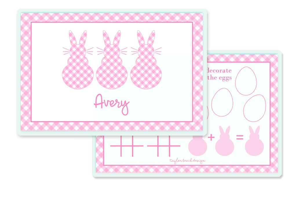 Gingham Bunnies Children's Personalized Laminated Placemat, Pink