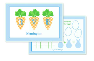 Gingham Carrots Children's Personalized Laminated Placemat, Blue