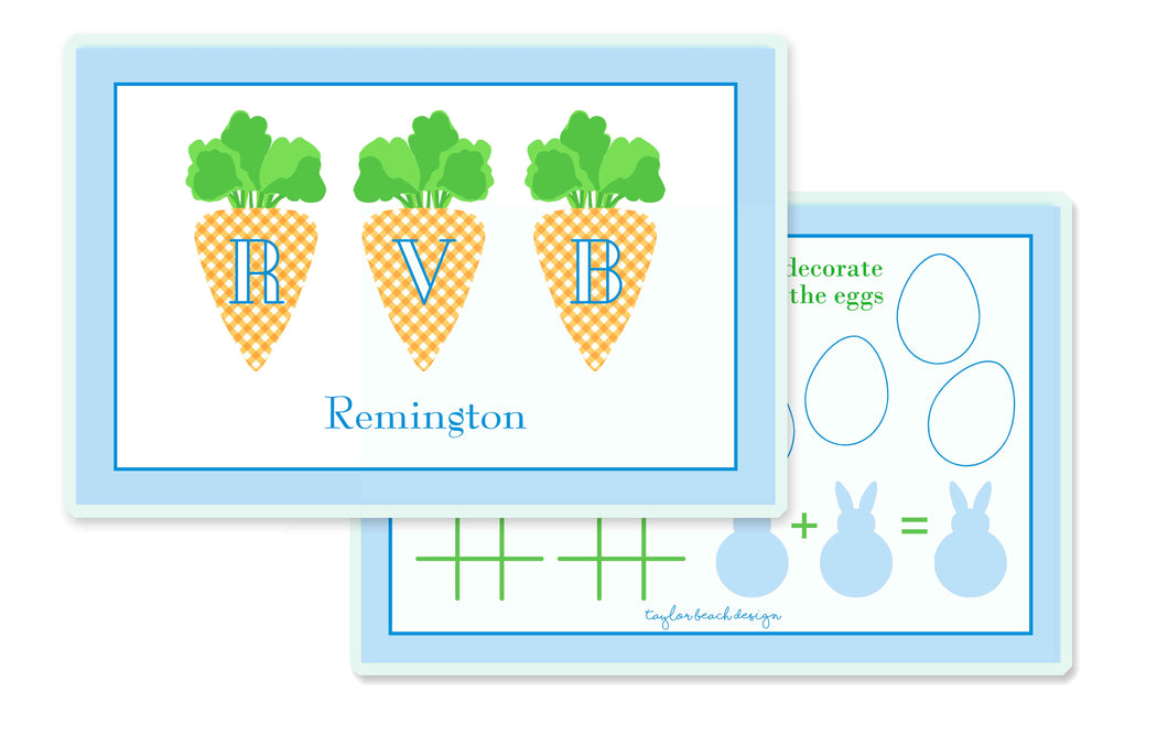 Gingham Carrots Children's Personalized Laminated Placemat, Blue