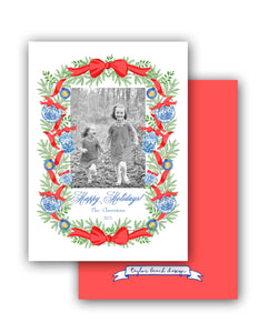 Chinoiserie Garland Personalized Photo Holiday Card, 5.5"x8.5" A9 Size, Red