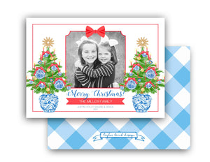 Chinoiserie Christmas Tree Personalized Photo Holiday Card, 5" x 7" A7 Size, Red