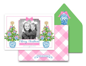 Chinoiserie Christmas Tree Personalized Photo Holiday Card, 5.5"x8.5" A9 Size, Pink