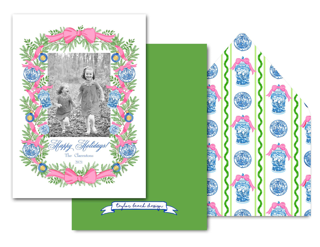 Chinoiserie Garland Personalized Photo Holiday Card, 5