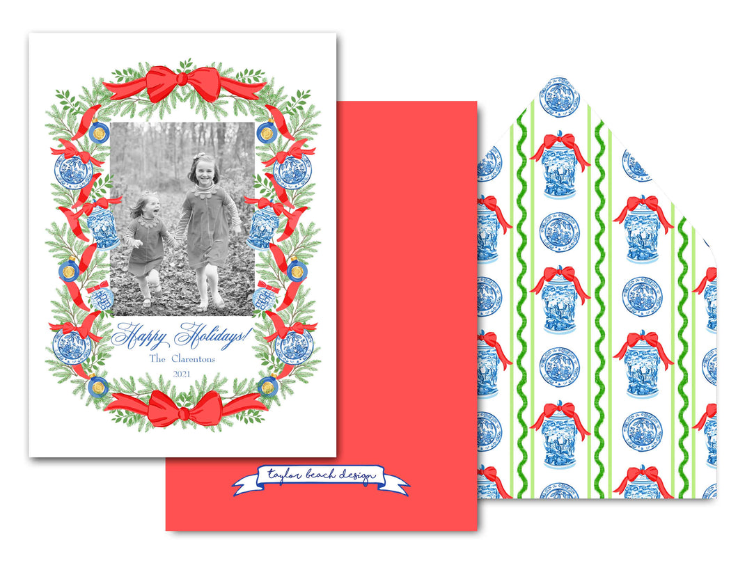 Chinoiserie Garland Personalized Photo Holiday Card, 5.5