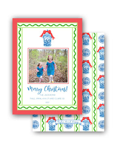 Chinoiserie Garland Stripe  Personalized Photo Holiday Card, 5.5"x8.5" A9 Size, Red