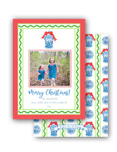 Load image into Gallery viewer, Chinoiserie Garland Stripe Personalized Photo Holiday Card, 5&quot; x 7&quot; A7 Size, Red