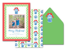 Load image into Gallery viewer, Chinoiserie Garland Stripe Personalized Photo Holiday Card, 5&quot; x 7&quot; A7 Size, Red