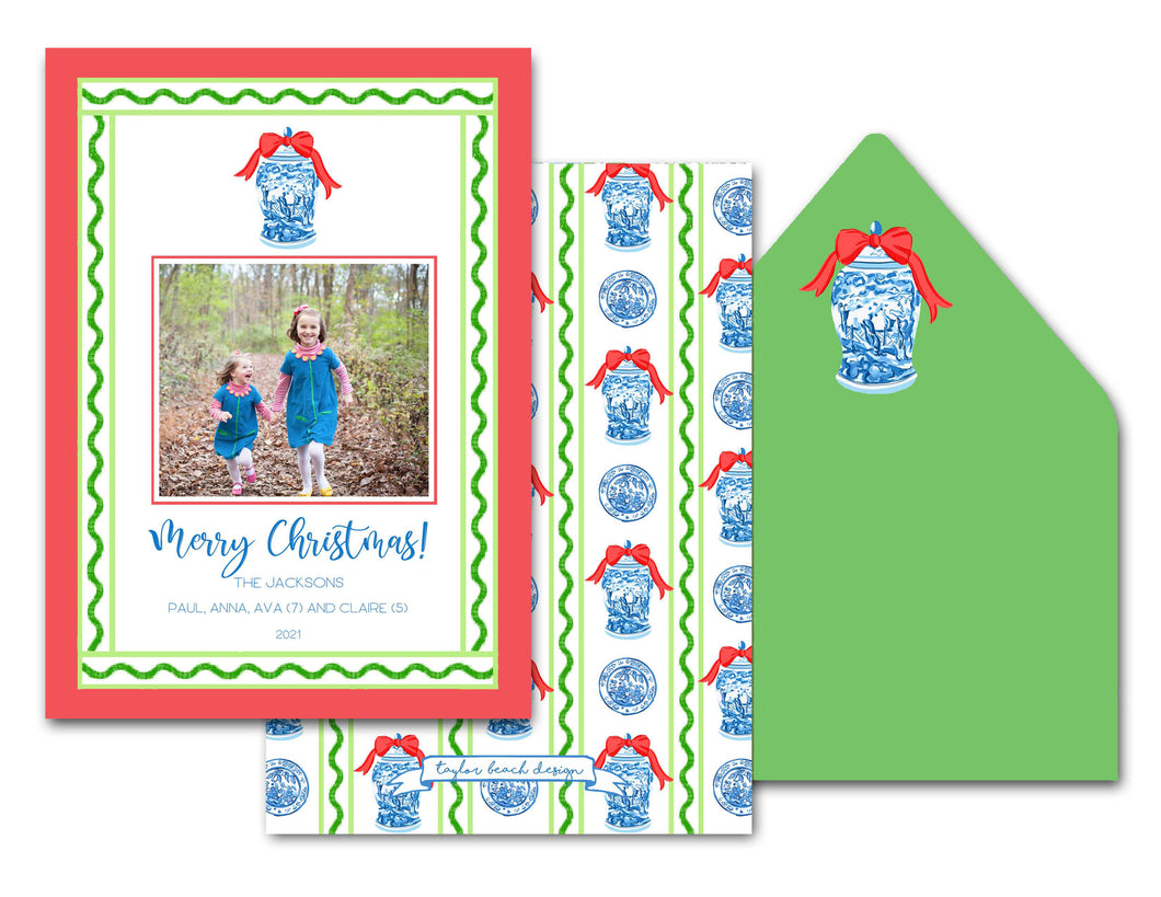 Chinoiserie Garland Stripe Personalized Photo Holiday Card, 5
