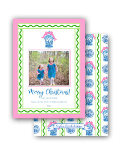 Chinoiserie Garland Stripe  Personalized Photo Holiday Card, 5.5"x8.5" A9 Size, Pink