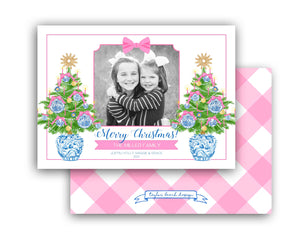 Chinoiserie Christmas Tree Personalized Photo Holiday Card, 5" x 7" A7 Size, Pink