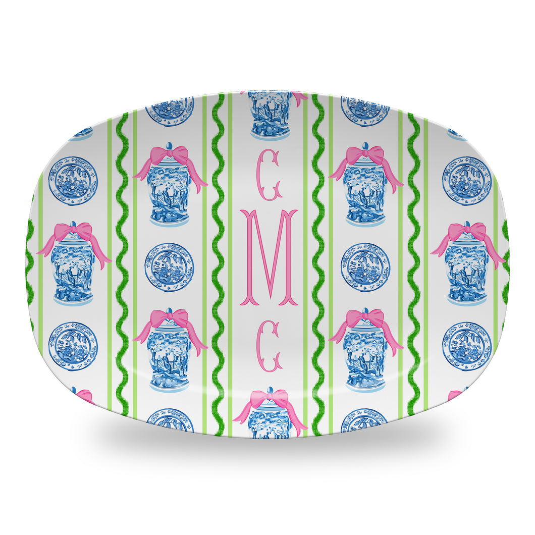 Chinoiserie Garland Stripe Personalized Melamine Platter, Pink