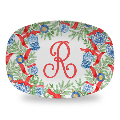 Chinoiserie Garland Personalized Melamine Platter, Red