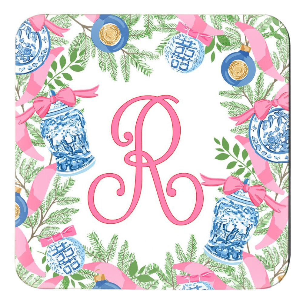 Chinoiserie Garland Cork Backed Coasters - Set of 4, Pink