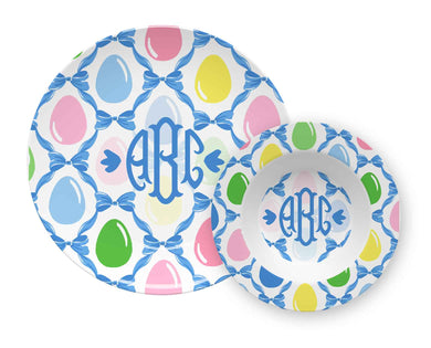 Easter Egg Trellis Personalized Children's Melamine Plate & Bowl Set, Blue