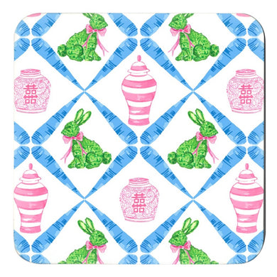 Bunnies & Boxwood Chinoiserie Cork Backed Easter Coasters - Set of 4, Blue