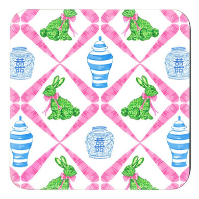 Bunnies & Boxwood Chinoiserie Cork Backed Easter Coasters - Set of 4, Pink