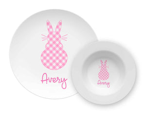 Gingham Bunnies Personalized Children's Melamine Plate & Bowl Set, Pink