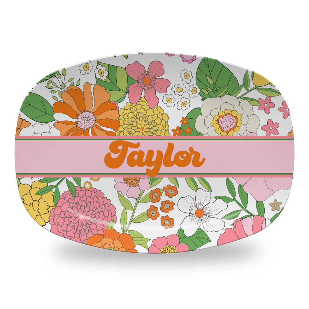 Groovy Blooms, Marshmallow, Personalized Melamine Platter