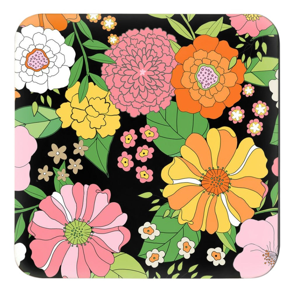 Groovy Blooms, Noir Cork Backed Coasters - Set of 4